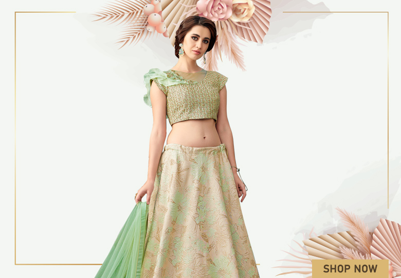 Light Peach and Green Jacquard Layered Lehenga with Fancy Blouse