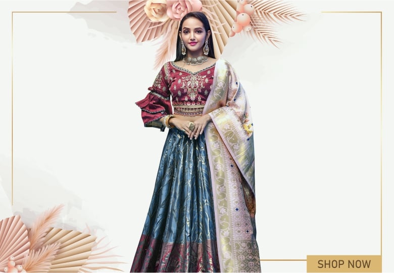 Slate Blue and Maroon Banarasi Silk Traditional Woven Lehenga with Designer Layered Sleeves Blouse