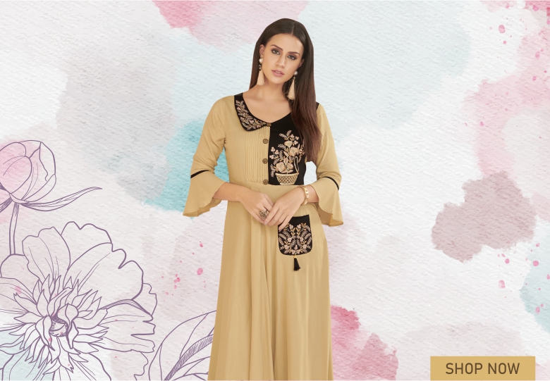 Beige Rayon Embroidered Long Kurti with Bell Sleeves