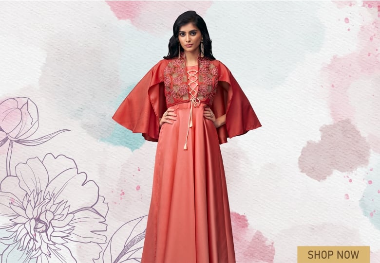Coral Peach Satin Silk Embroidered Long Kurti with Cape Sleeve