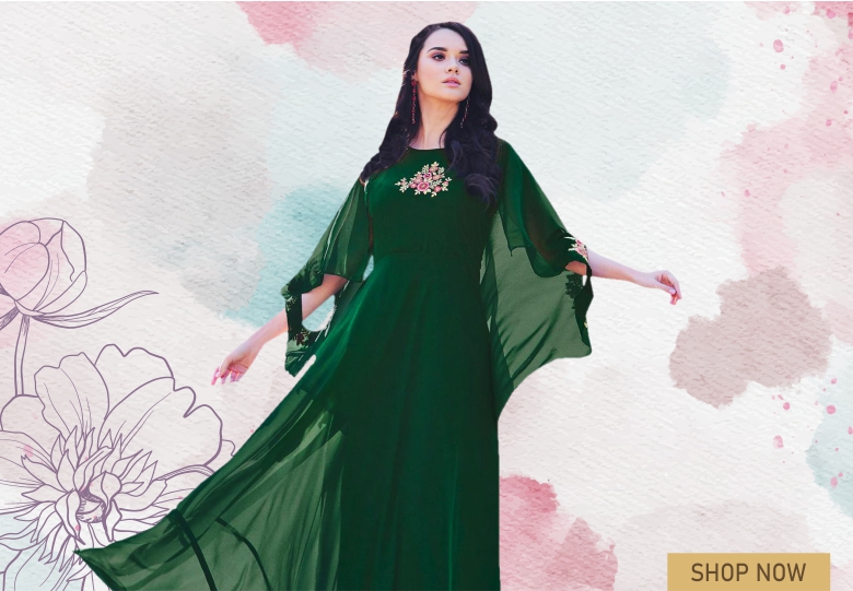 Green Georgette Floral Embroidered Long Kurti with Fancy Sleeve