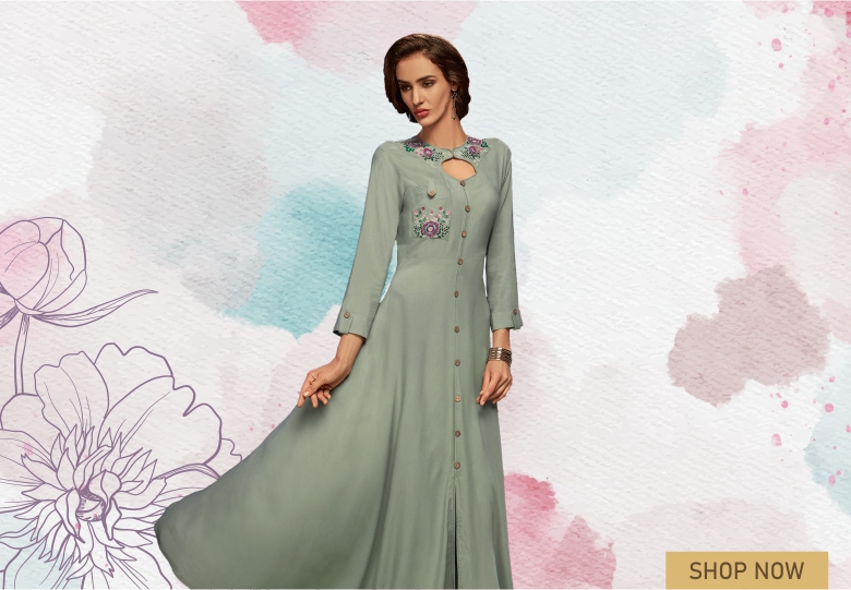 Grey Rayon Floral Embroidered Kurti with Pocket