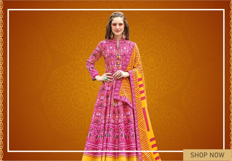Magenta Pink Cotton Silk Traditional Patola Printed Flared Anarkali Suit