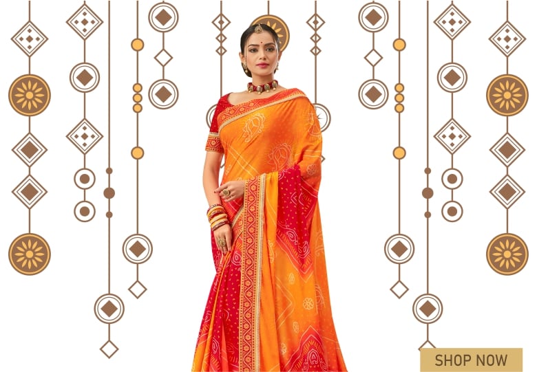 Orange and Red Chiffon Traditional Bandhej Print Saree with Lace