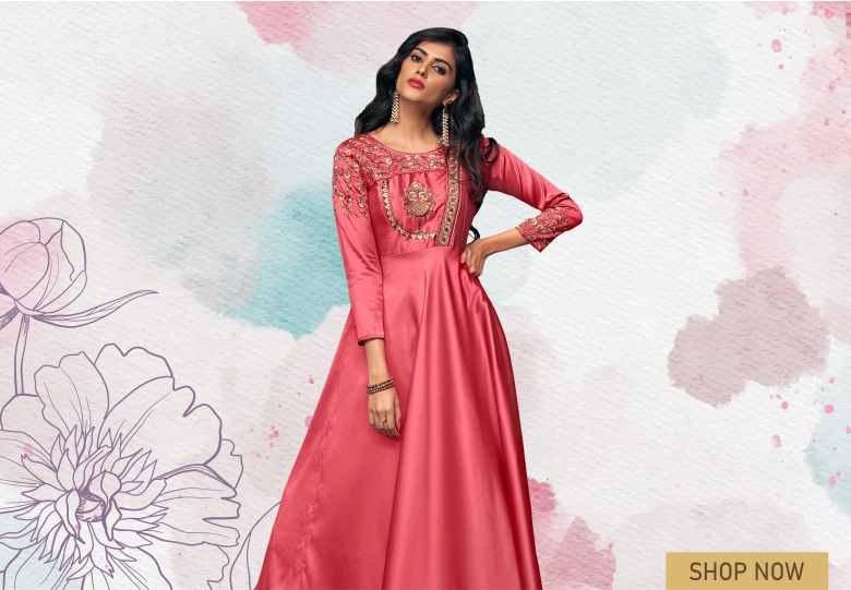 Pink Satin Silk Floral Embroidered Long Kurti with Stone