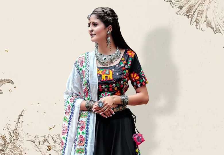 Black Cotton Chaniya Choli with Embroidery