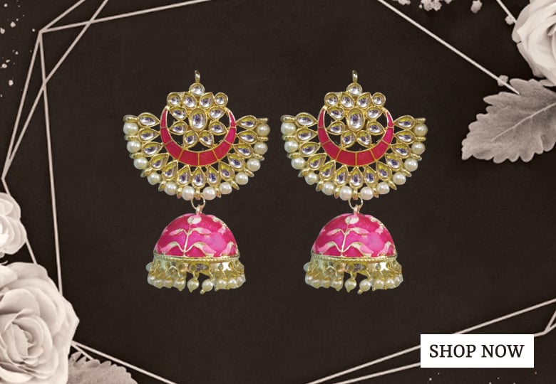 Golden and Pink Stone Studded Chand Bali Earrings