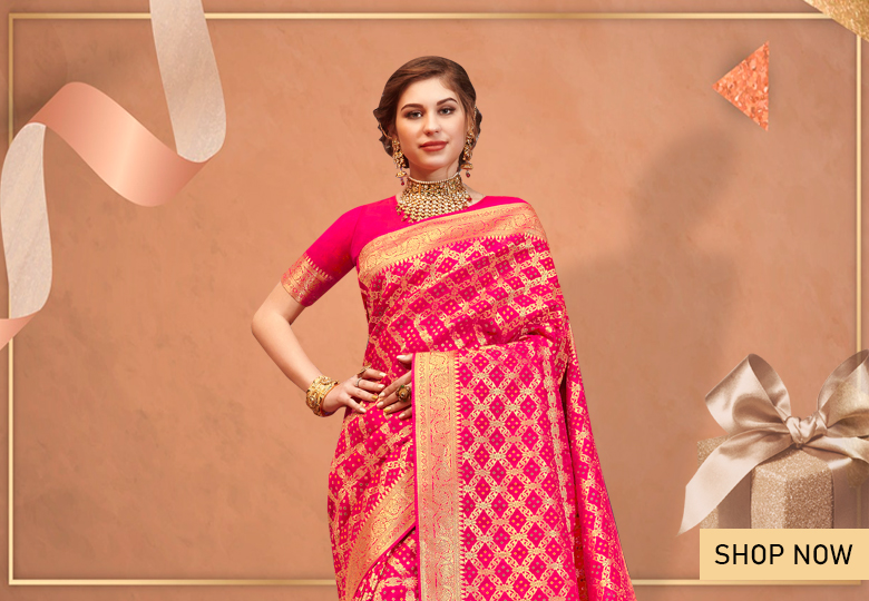 Hot Pink Handloom Silk Traditional Bandhej Woven Saree with Golden Highlights