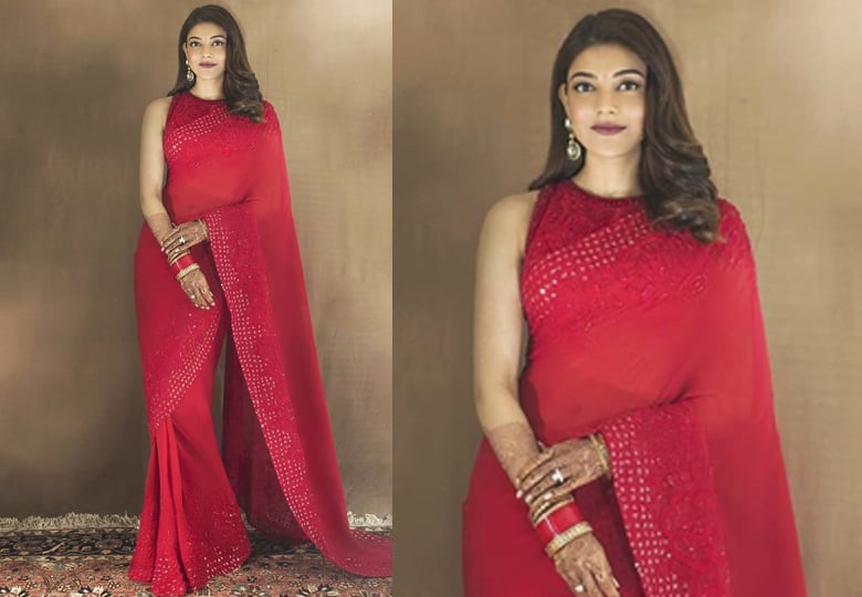 Kajal Aggarwal in Red Georgette Saree on Karwa Chauth