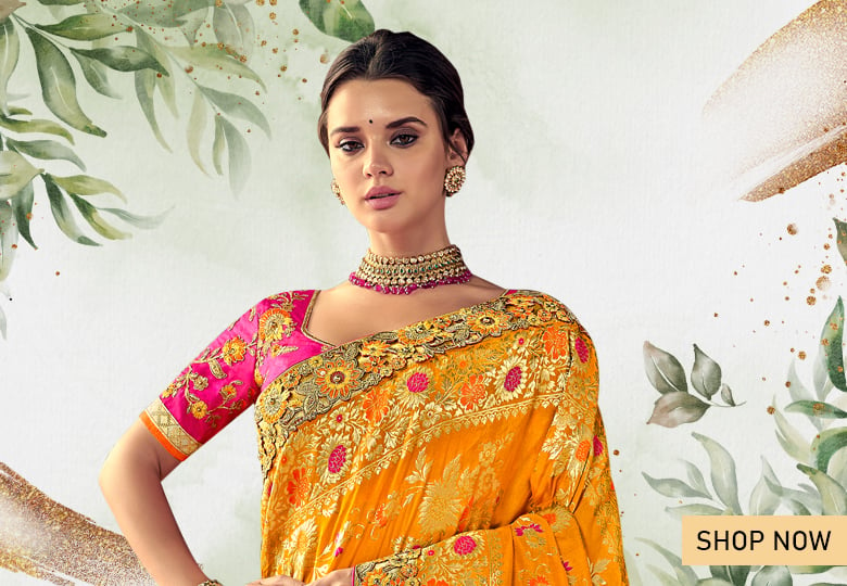 Mustard and Orange Banarasi Silk Floral Woven Designer Half and Half Saree with Laser Cut Border
