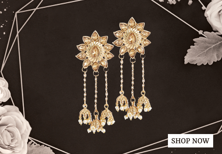 Traditional Golden Stone Studded Small Triple Jhumki Hanging Earrings