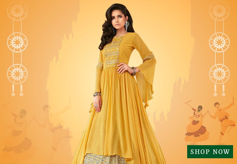 Yellow Georgette Designer Open Front Slit Cut Printed Lehenga Suit with Bell Sleeves