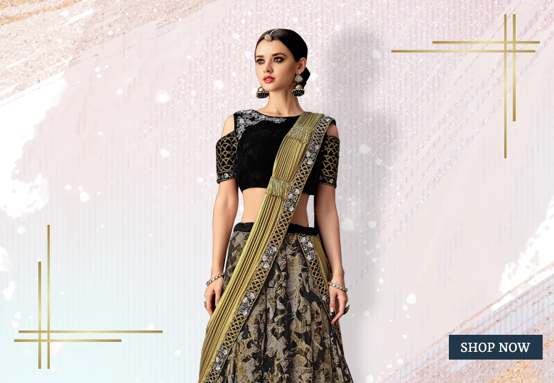Black and Golden Jacquard Silk Textured Lehenga Saree with Designer Blouse