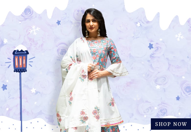 Off White and Sky Blue Cotton Floral Printed Lehenga Suit with Bell Sleeves