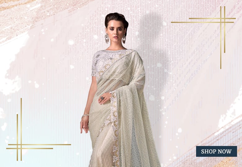 Pearl White Net Designer Saree with Lace