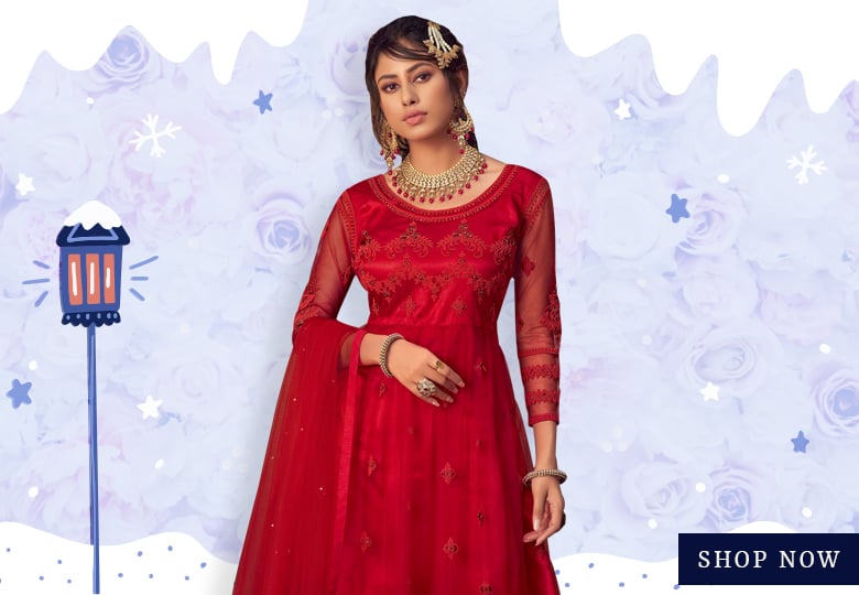 Red Net Embroidered Anarkali Sharara Suit