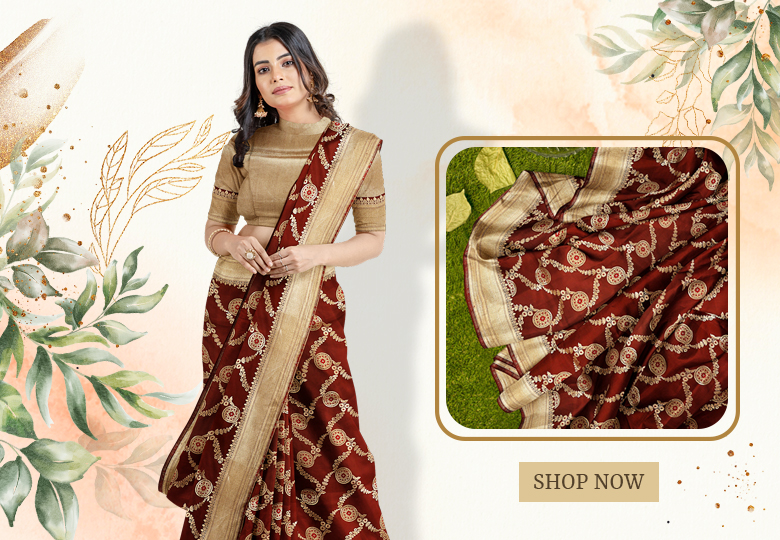 Dark Brown Banarasi Silk Woven Saree with Golden Highlights