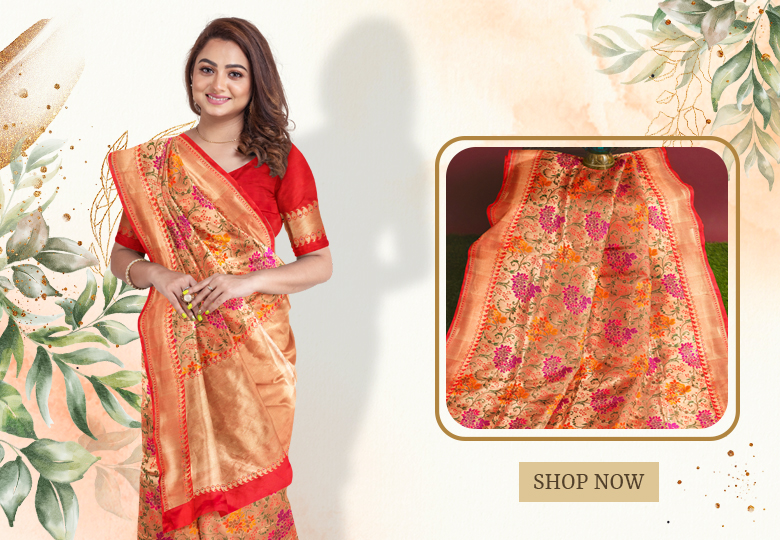 Golden and Red Jamawar Saree with All Over Multi Colored Floral Weaving