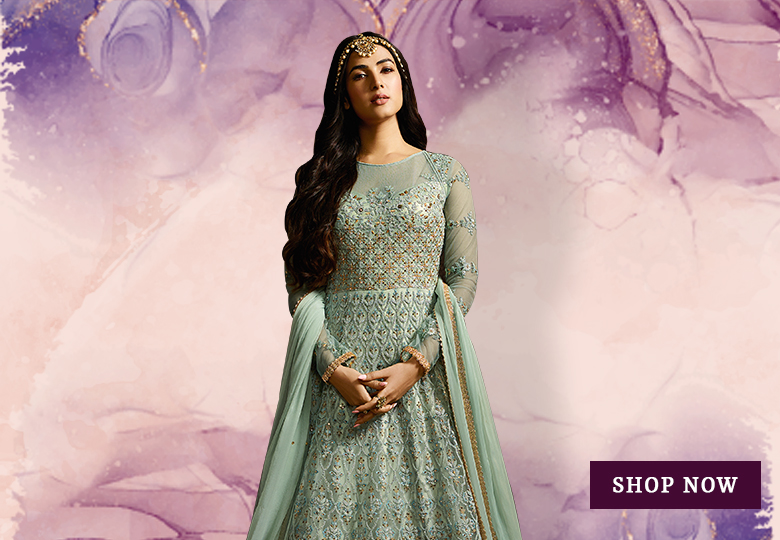 Sonal Chauhan Light Aqua Green Net Designer Embroidered Anarkali Gown with Sequins Work