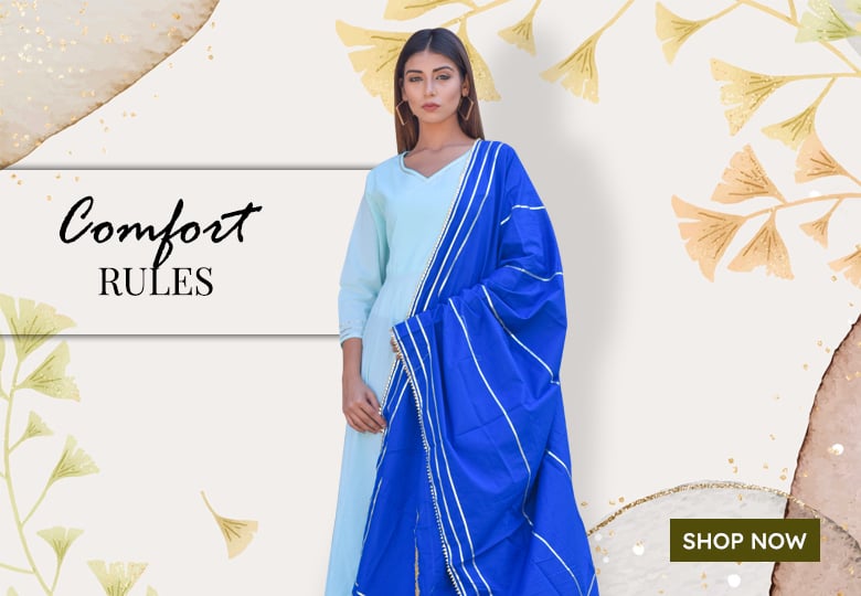 Sky Blue Cotton V Neck Anarkali Suit with Gota Patti Lace Worked Dupatta
