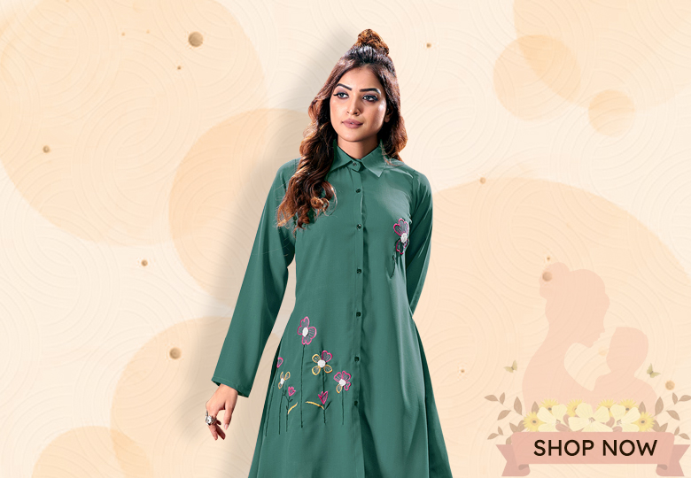 Teal Green Chinon Shirt Style Kurti with Collar Neck