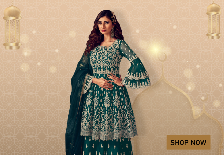 Teal Green Net Designer Anarkali Embroidered Palazzo Suit with Layered Bell Sleeves
