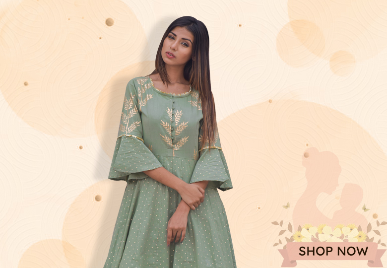 Sage Green Cotton Foil Printed Anarkali Long Kurti with Bell Sleeved and Palazzo