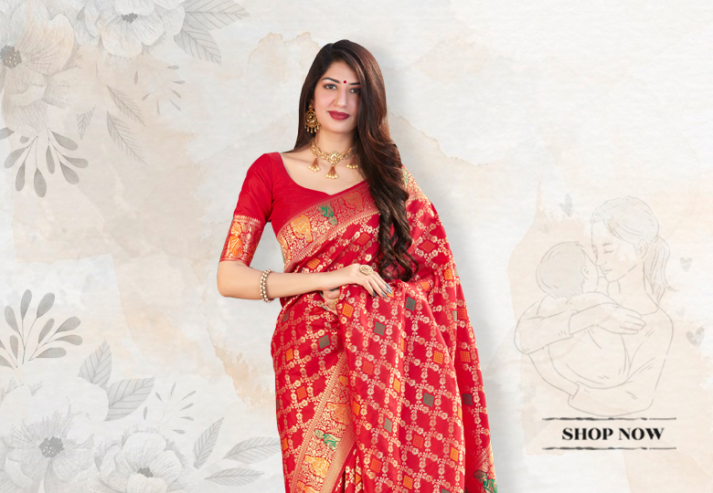 Red Silk Floral Checks Woven Saree with Human Motif Border and Pallu