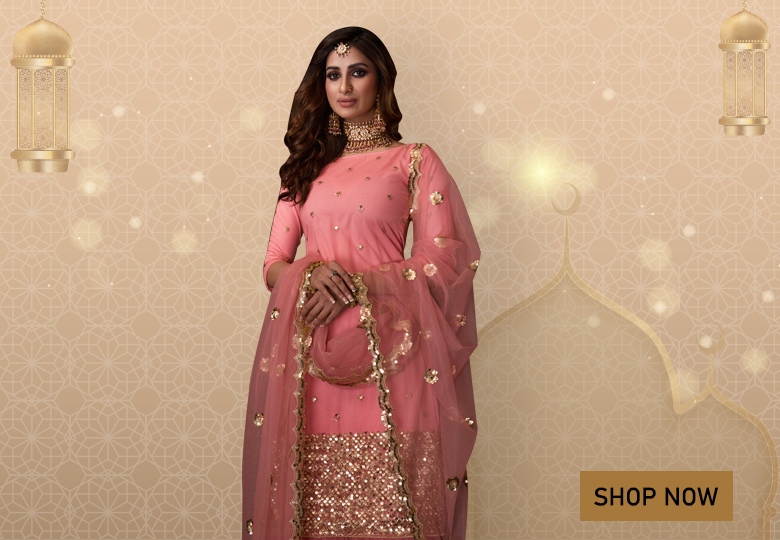Pink Net Straight Cut Sharara Suit with Sequins Work