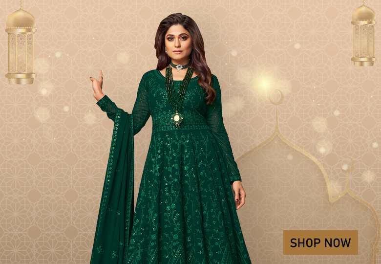 Shamita Shetty Green Georgette Embroidered Anarkali Suit with Sequins Work