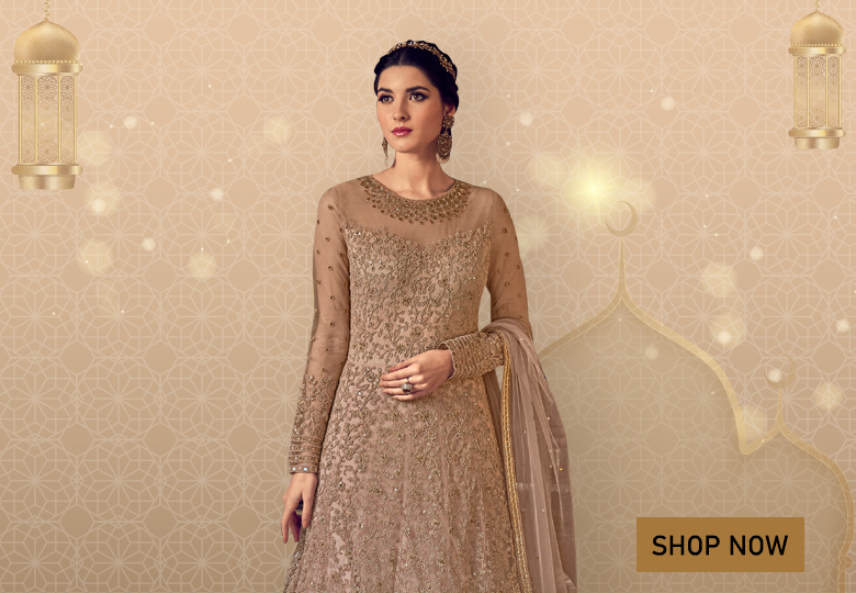 Taupe Net Designer Anarkali Suit with Heavy Dori Embroidery Work