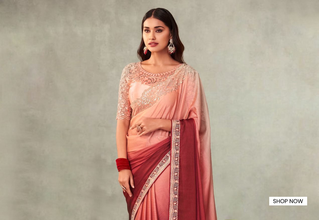 Peach and Maroon Ombre Saree with Sequins Work