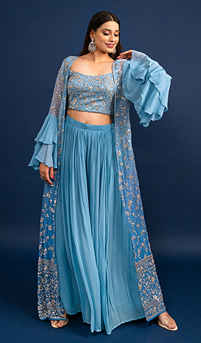 Blue Raw Silk Crop Top Palazzo Suit with Jacket