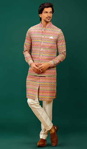 Multi Colored Silk Resham Embroidered Kurta Pajama with Jacket
