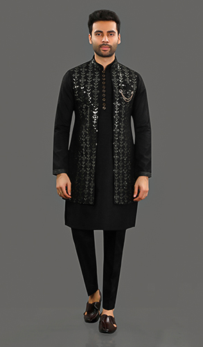 Black Silk Kurta Pajama with Sequinned Jacket