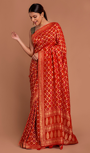 Red Georgette Traditional Bandhej Woven Saree