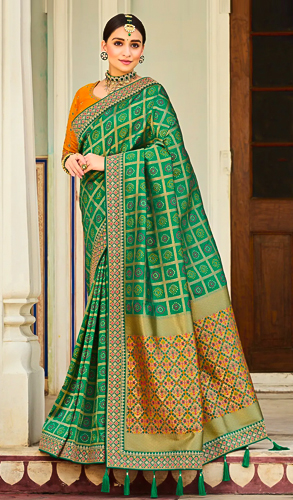Green Banarasi Silk Checks Bandhej Saree