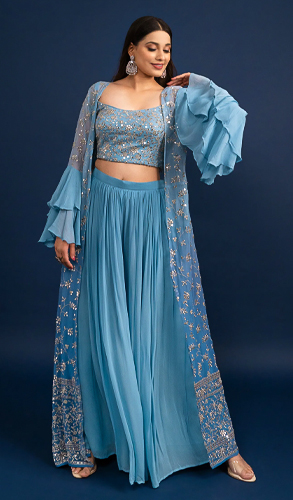 Light Blue Chiffon Georgette Crop Top Palazzo and Jacket