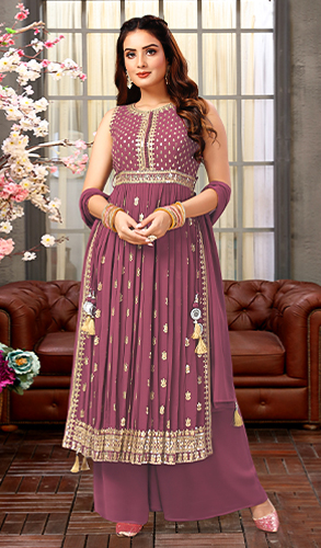 Mauve Georgette Sequinned Palazzo Suit