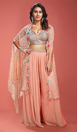 Peach Georgette Applique Work Crop Top Palazzo with Jacket