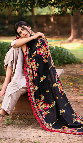 Black Cotton Multi Colored Woolen Thread Embroidered Dupatta with Tassels