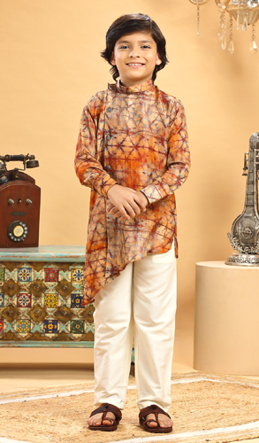 Orange and Multi Colored Silk Printed Kurta Pajama