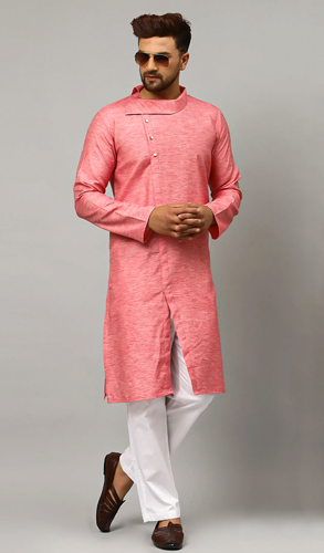 Pink Art Silk Plain Kurta Pajama
