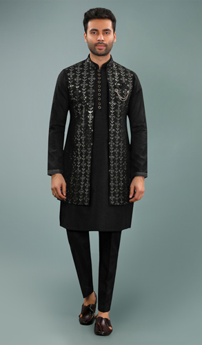 Black Silk Kurta Pajama with Sequinned Jacket