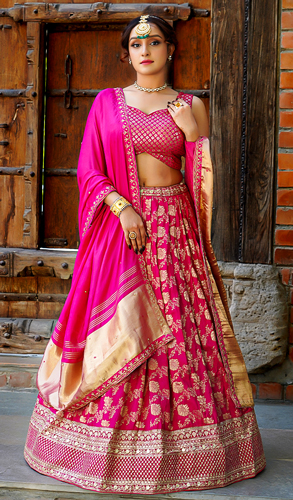 Pink Silk Traditional Floral Jaal Woven Lehenga