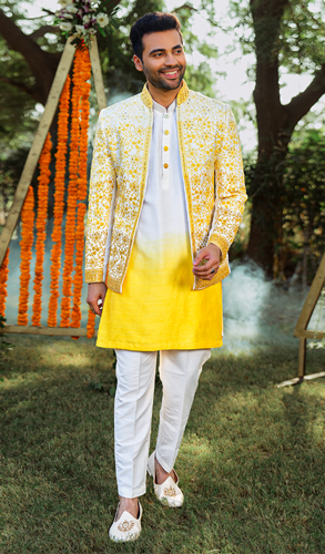 Off White and Yellow Raw Silk Kurta Pajama with Embroidered Jacket