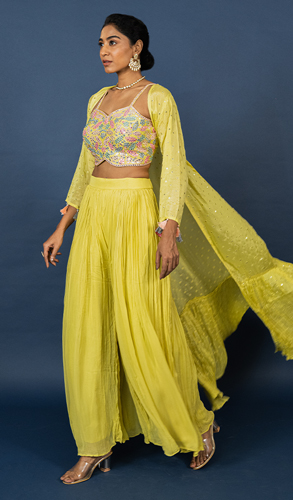 Lime Green Raw Silk Crop Top Palazzo with Jacket