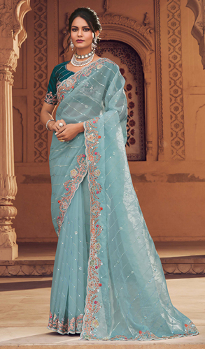 Light Blue Organza Saree with Embroidery