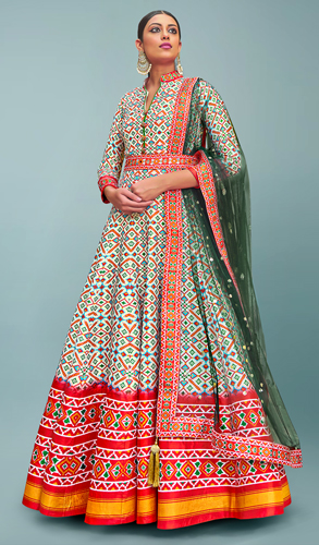 Pearl White Art Silk Patola Printed Anarkali Suit with Contrast Border