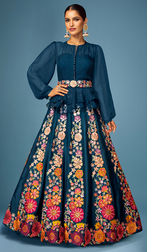 Rama Blue Georgette Crop Top with Embroidered Lehenga